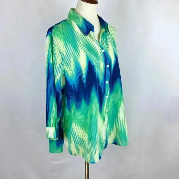 Alia Sheer Gingham Tye Die Button Down Top Shirt Blue Green Yellow Zigzag 16 - Picture 2 of 12